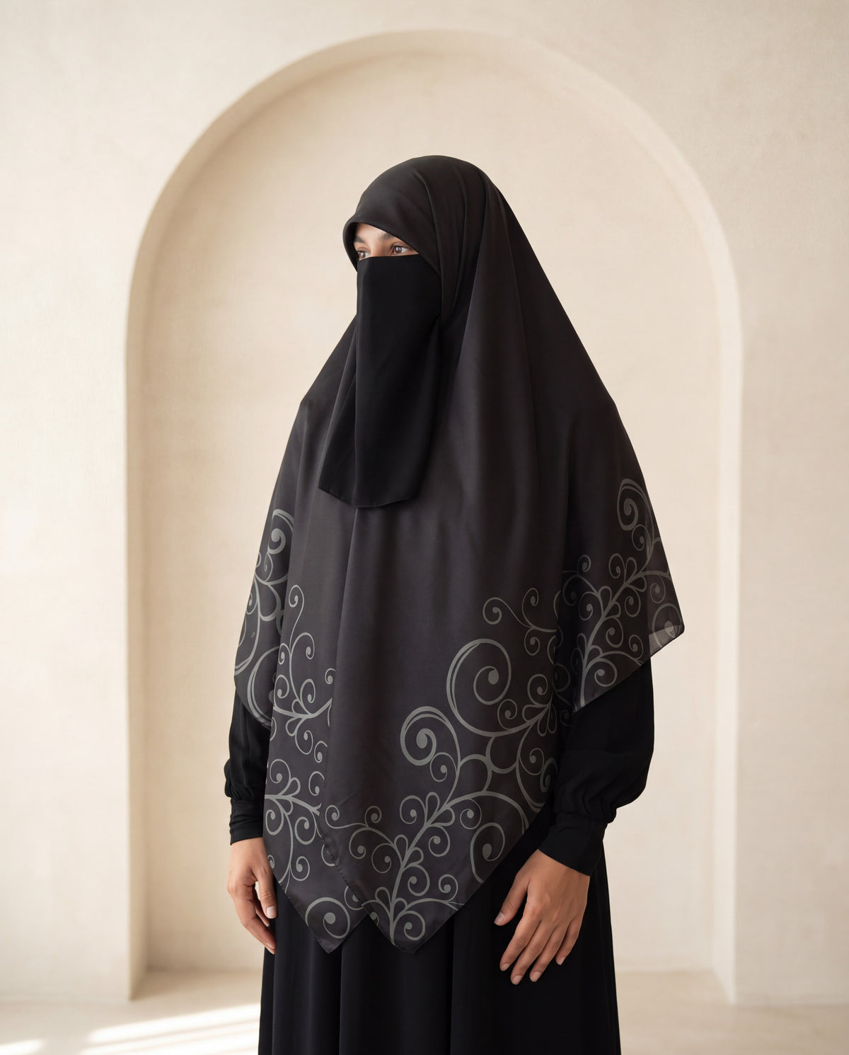 Luxury Turkish Silk Hijab – Aseel, black silk with grey swirl print
