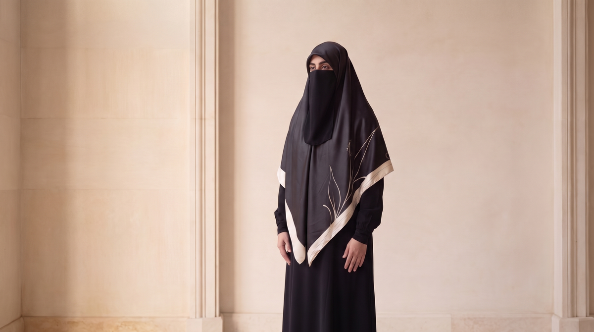 AmenaHijab campaign film – Tharaa Beige silk hijab in an ivory interior