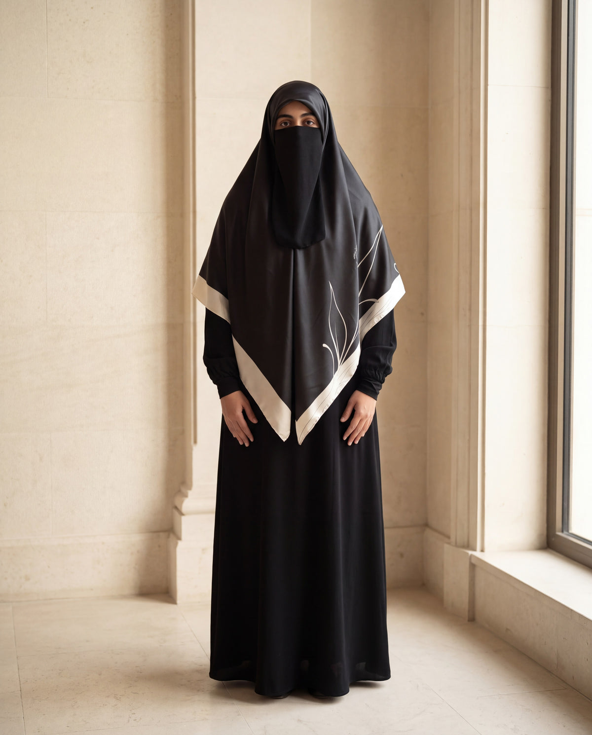 Luxury Turkish Silk Hijab – Tharaa Beige, worn in an ivory studio
